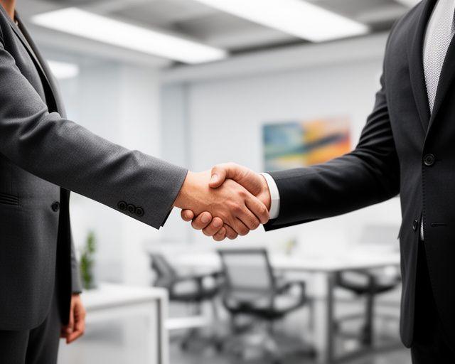 Zakelijke handdruk tussen twee professionals in een modern kantoor met neutrale inrichting