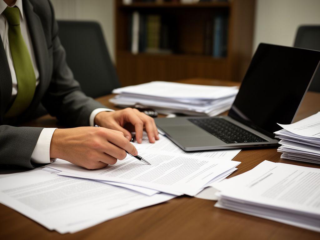 Advocaat aan een houten bureau met documenten, laptop en notitieblok in een rustige vergaderruimte
