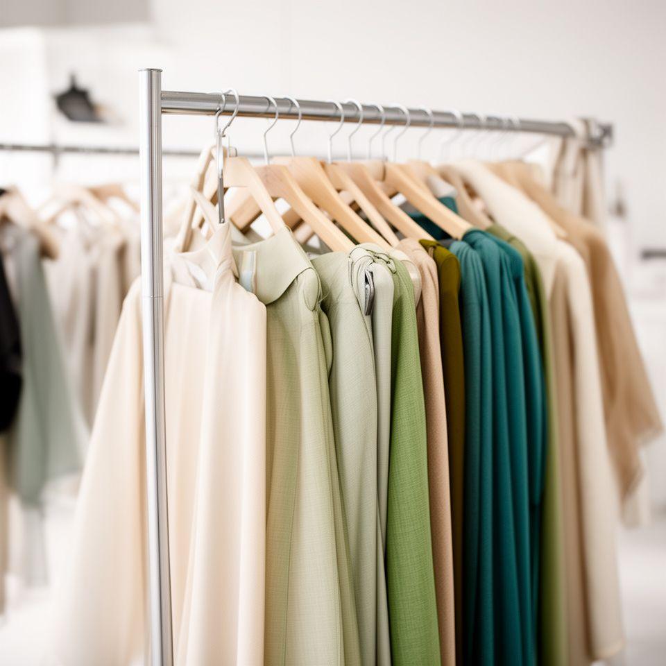 Modecollectie op kledingrekken in een lichte studio met stoffenstalen en nette afwerking