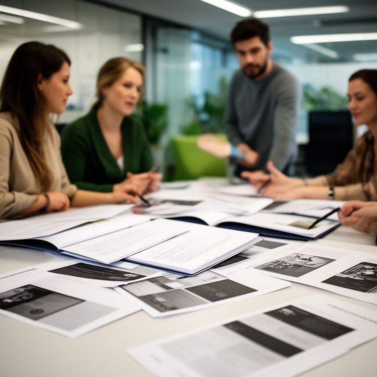Dutch design team reviewing a licensing agreement beside printed portfolio pages in a modern office