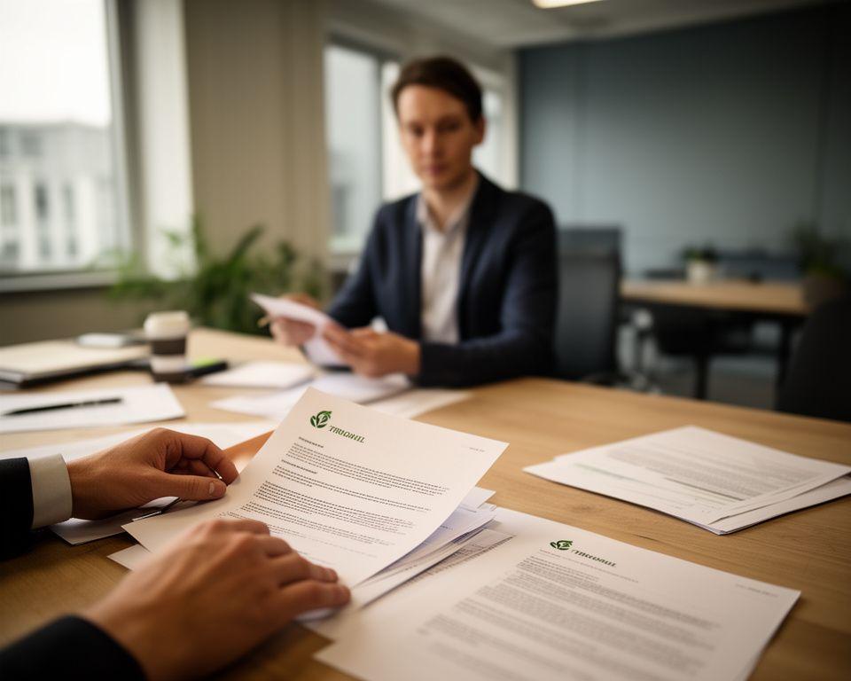 Professioneel advocatenkantoor in Tilburg met een jurist die een contract zorgvuldig doorneemt aan een houten vergadertafel