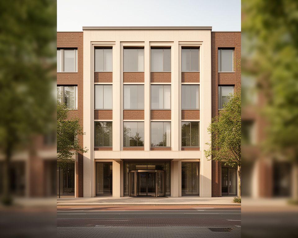 Het kantoorpand aan de Kommerstraat in Tilburg met rustige gevel, grote ramen en een formele entree