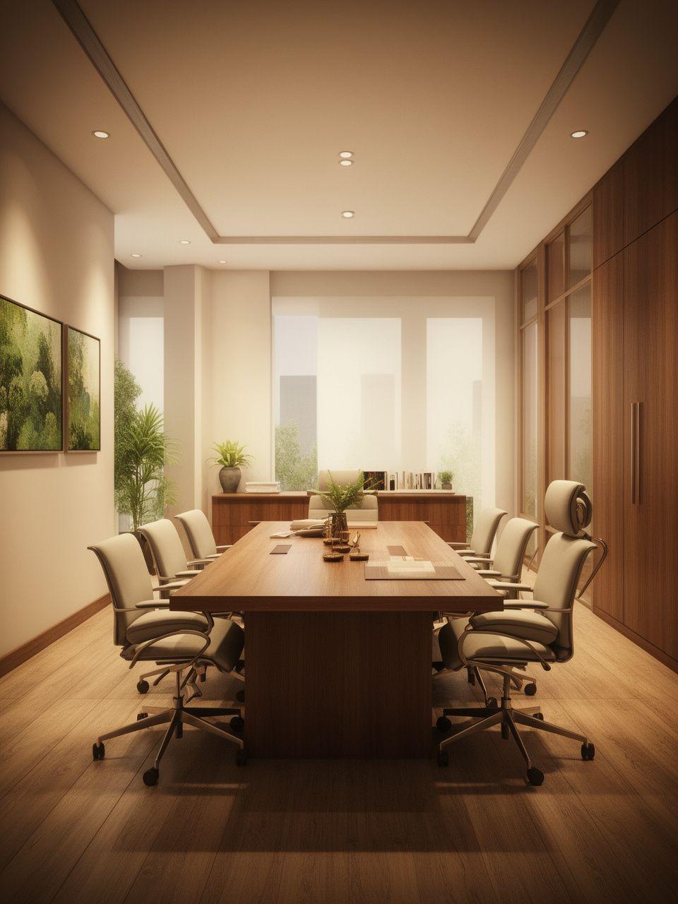Modern juridisch kantoorinterieur met warme verlichting, vergadertafel en rustige zakelijke inrichting