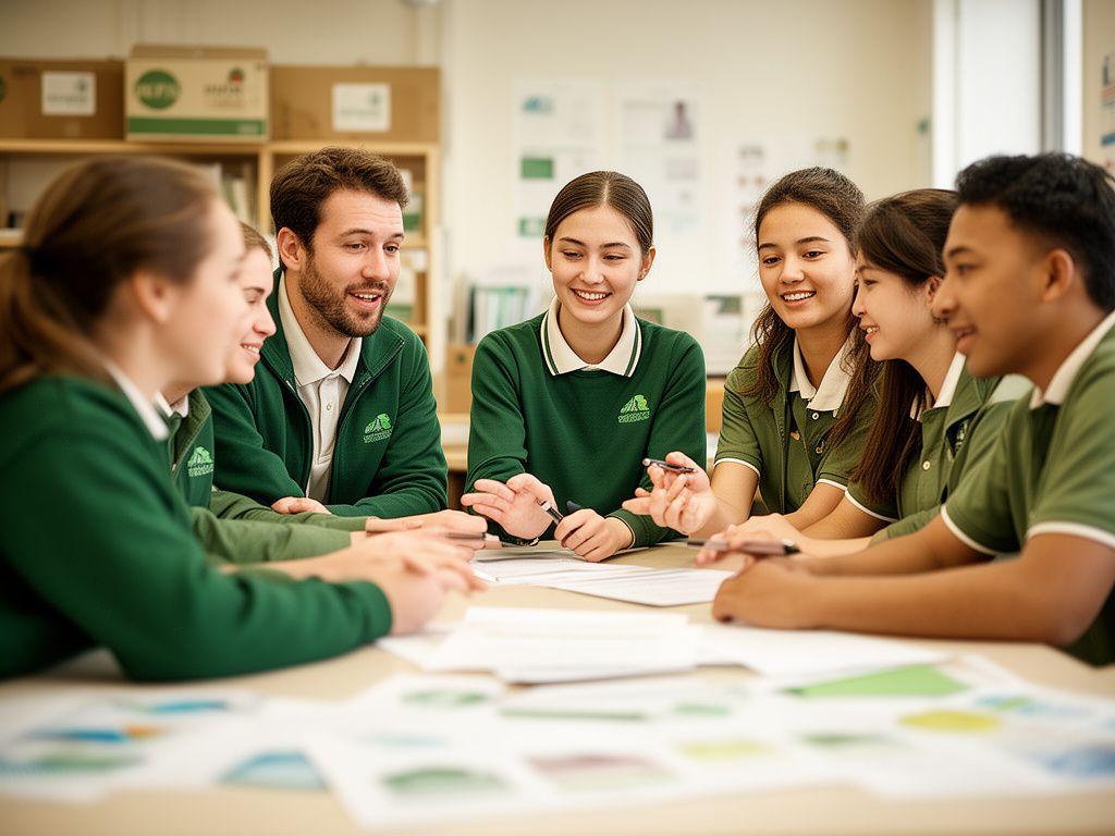 Handwerkschoolteam bespreekt leveringsafspraken met een leverancier in een lichte werkruimte met voorbeelden van lesmateriaal