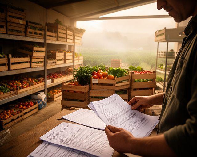 Landbouwer in een lichte opslagruimte met contracten naast kisten vol biologische producten