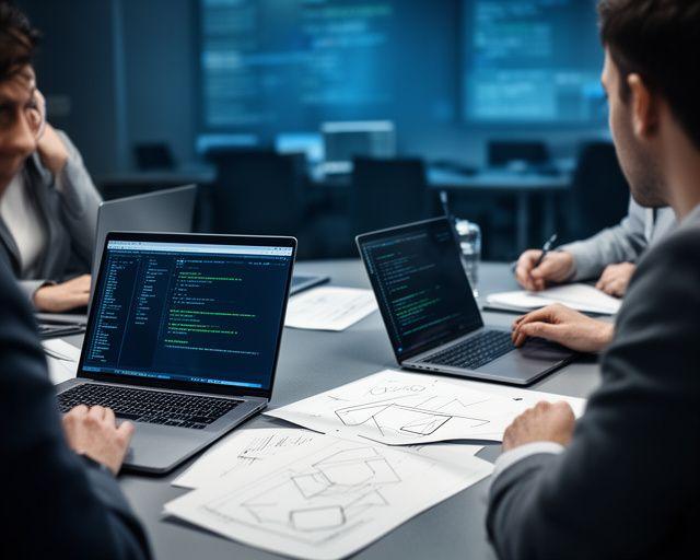Softwareteam in een moderne vergaderruimte dat een ontwikkelcontract bespreekt naast laptops en schetsen
