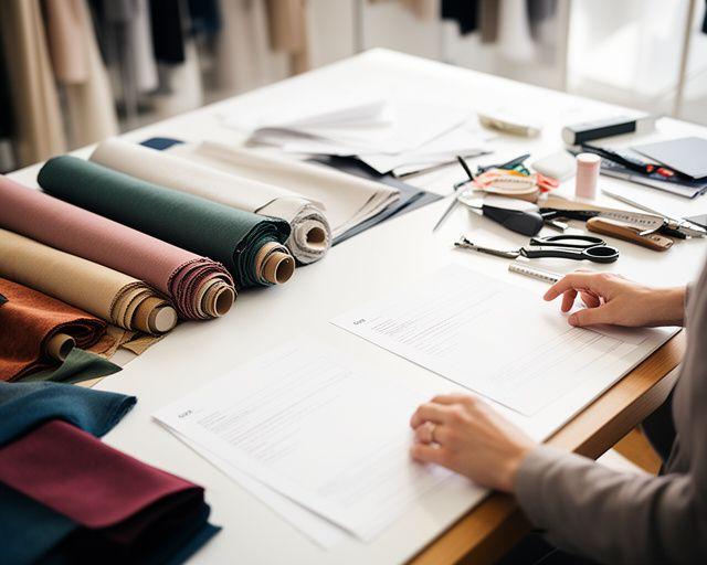 Modeatelier met stoffen, een ontwerper en contractdocumenten op een licht werkblad