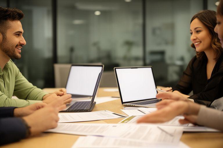 Startup founders en jurist aan tafel met laptops en geprinte contracten tijdens een overnamegesprek in Tilburg