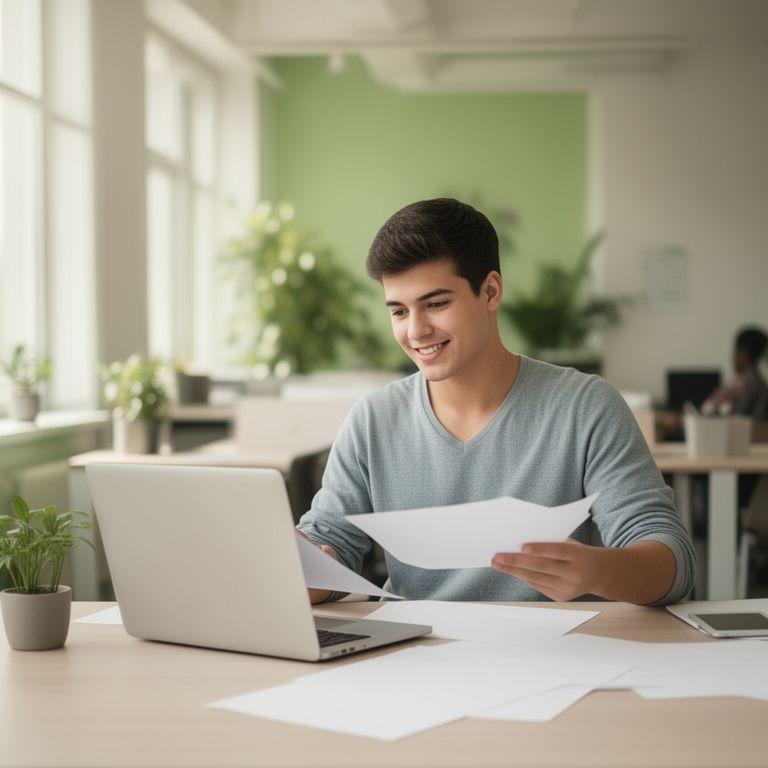 Jonge ondernemer bespreekt contracten in een lichte Tilburgse co-working space met laptop en notities op tafel