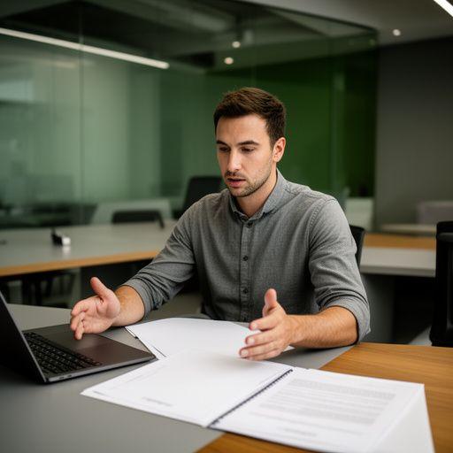 Oprichter van een Tilburgse tech-start-up bekijkt een contract naast een open laptop in een moderne vergaderruimte