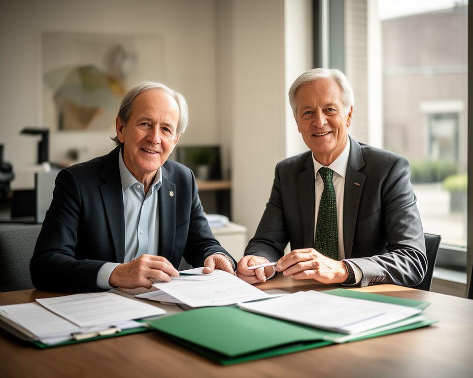 Twee senior juristen in een stijlvolle kantoorruimte in Tilburg terwijl zij contractstukken bespreken bij daglicht