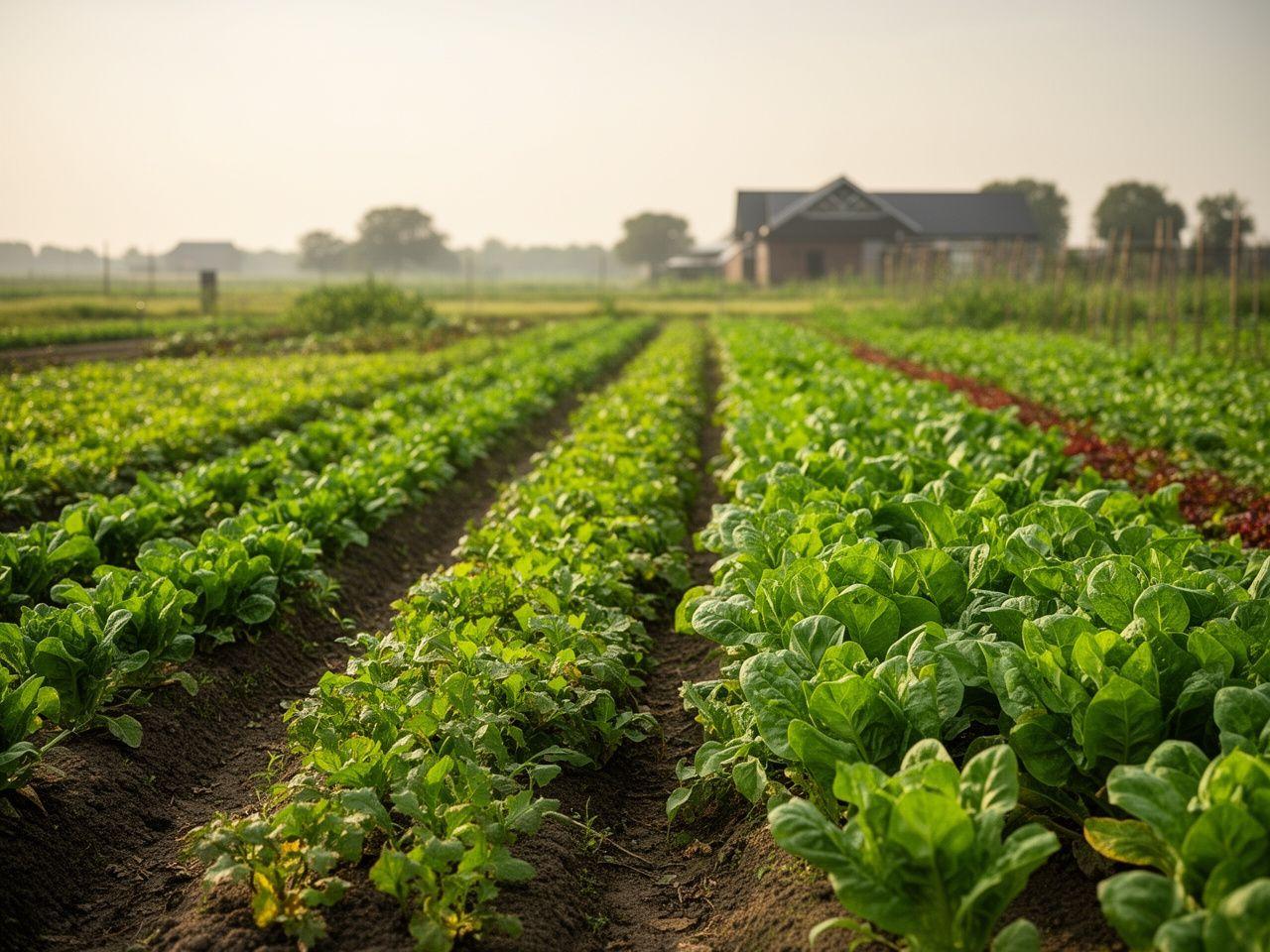 Biologische groenteteelt in Noord-Brabant met rijen verse oogst en een rustige boerderijomgeving